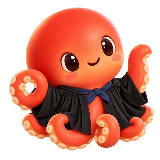 Oxtopus, our orange octopus mascot in an Oxford academic gown